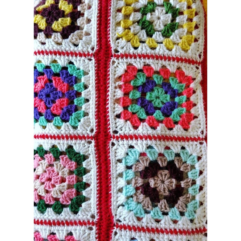Vintage Hand Crocheted Granny Square Afghan Twin Size 56x78 Cottagecore